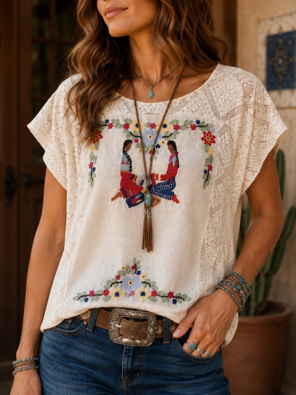 Double D Ranch Yoakum Texas Embroidered Lace Swing Top Western Boho Medium